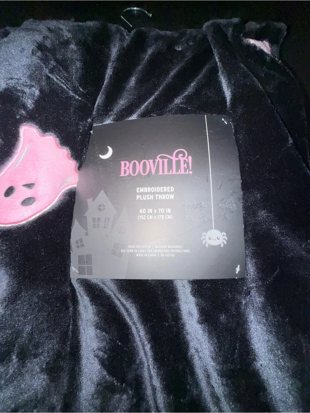 NEW BOOVILLE BLACK FUZZY EMBROIDERED PINK GHOST Plush 60x70” Throw Blanket NWT